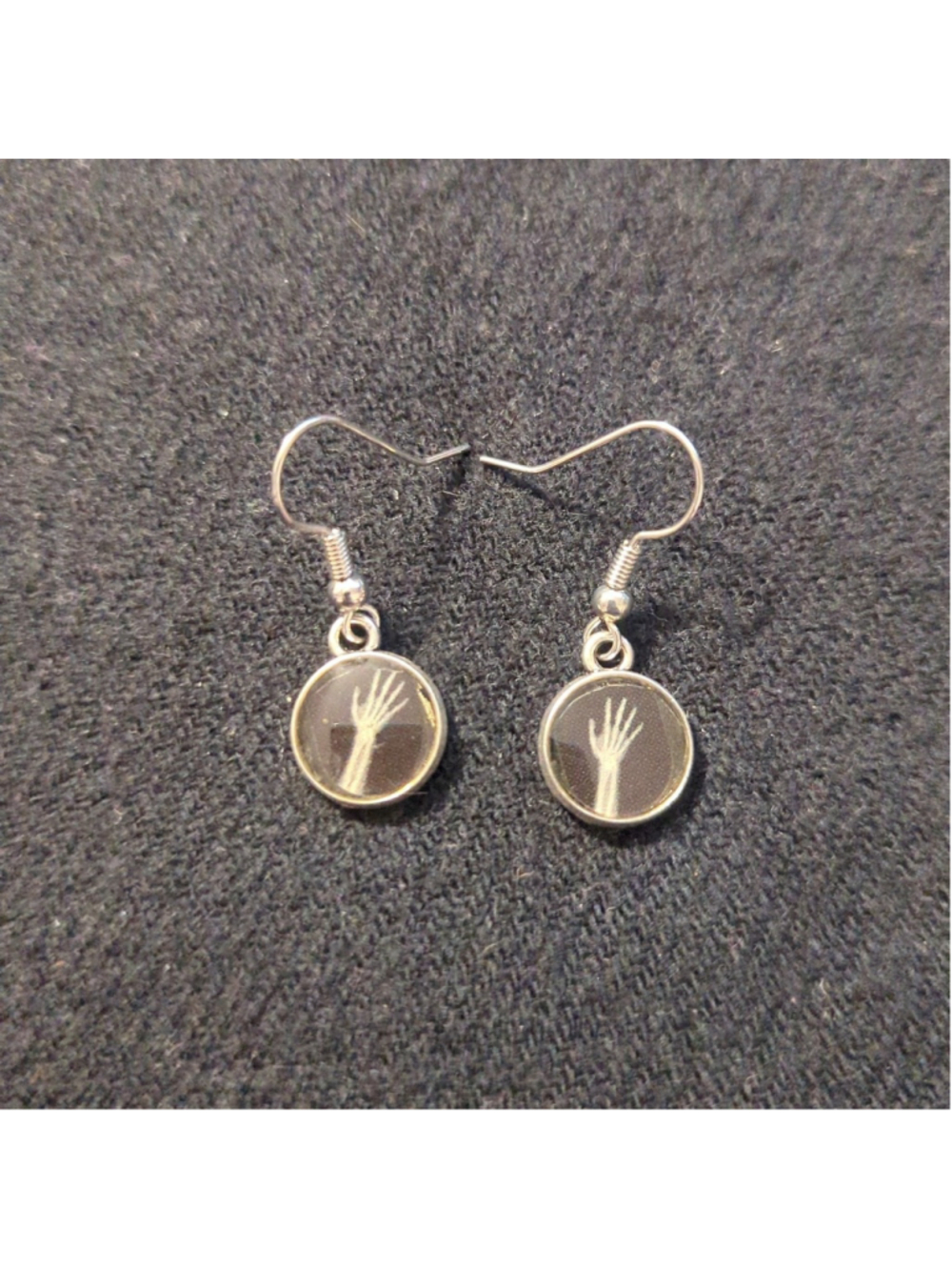 Silver Tone Black and White Skeleton Hand Dainty Delicate Statement Earrings